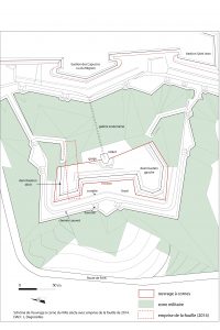 Schéma de l’ouvrage à corne avec l’emprise de la fouille en 2014