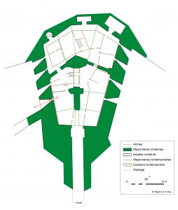 Schéma interne du bastion de Roeulx et localisation des relevés de la casemate