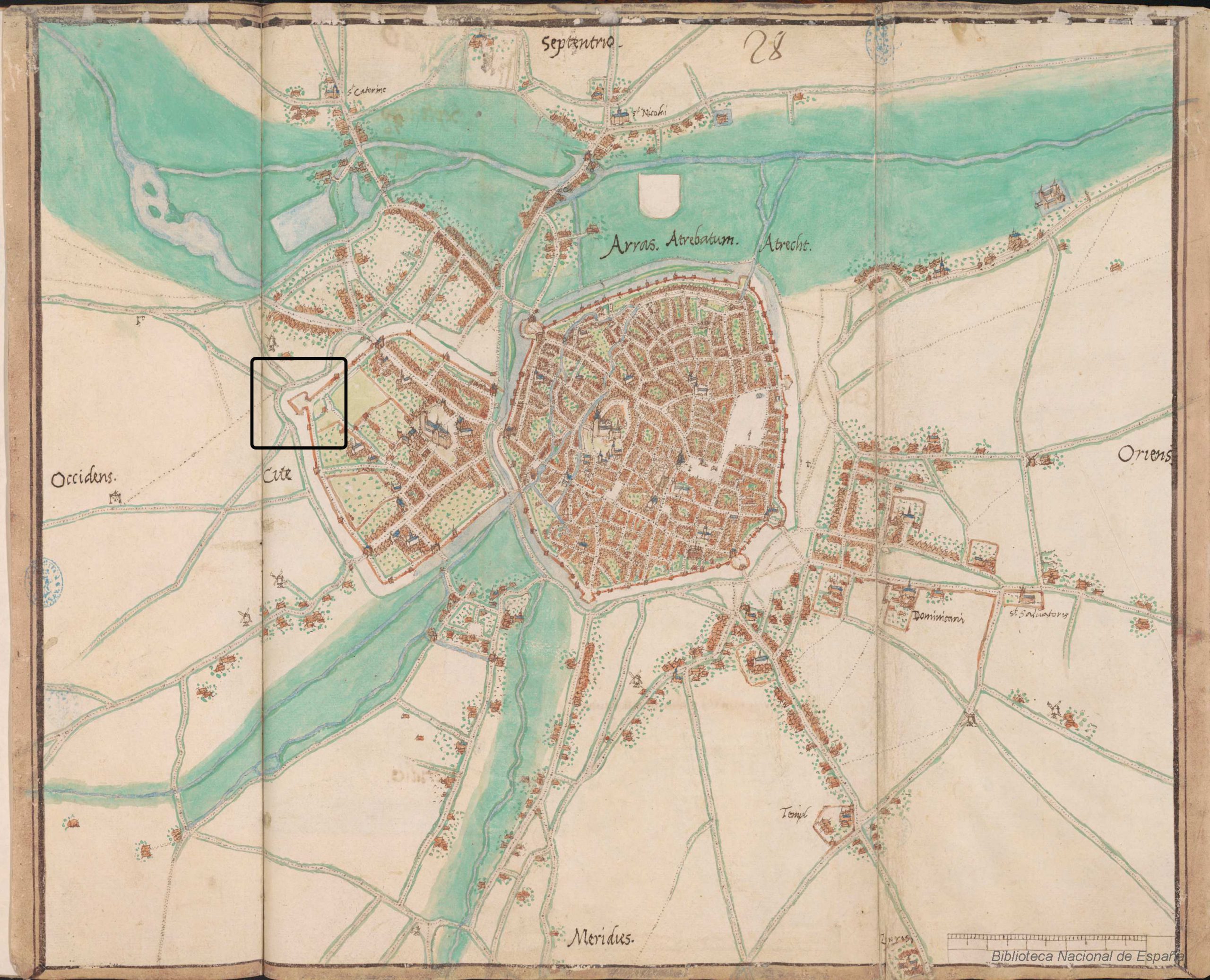 Localisation du bastion sur le plan d’Arras de Jacob Van Deventer de 1545 (conservé à la Biblioteca Nacional de España)