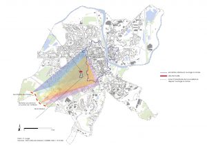 Plan avec l’emprise de l’ouvrage à corne et sa portée de tir