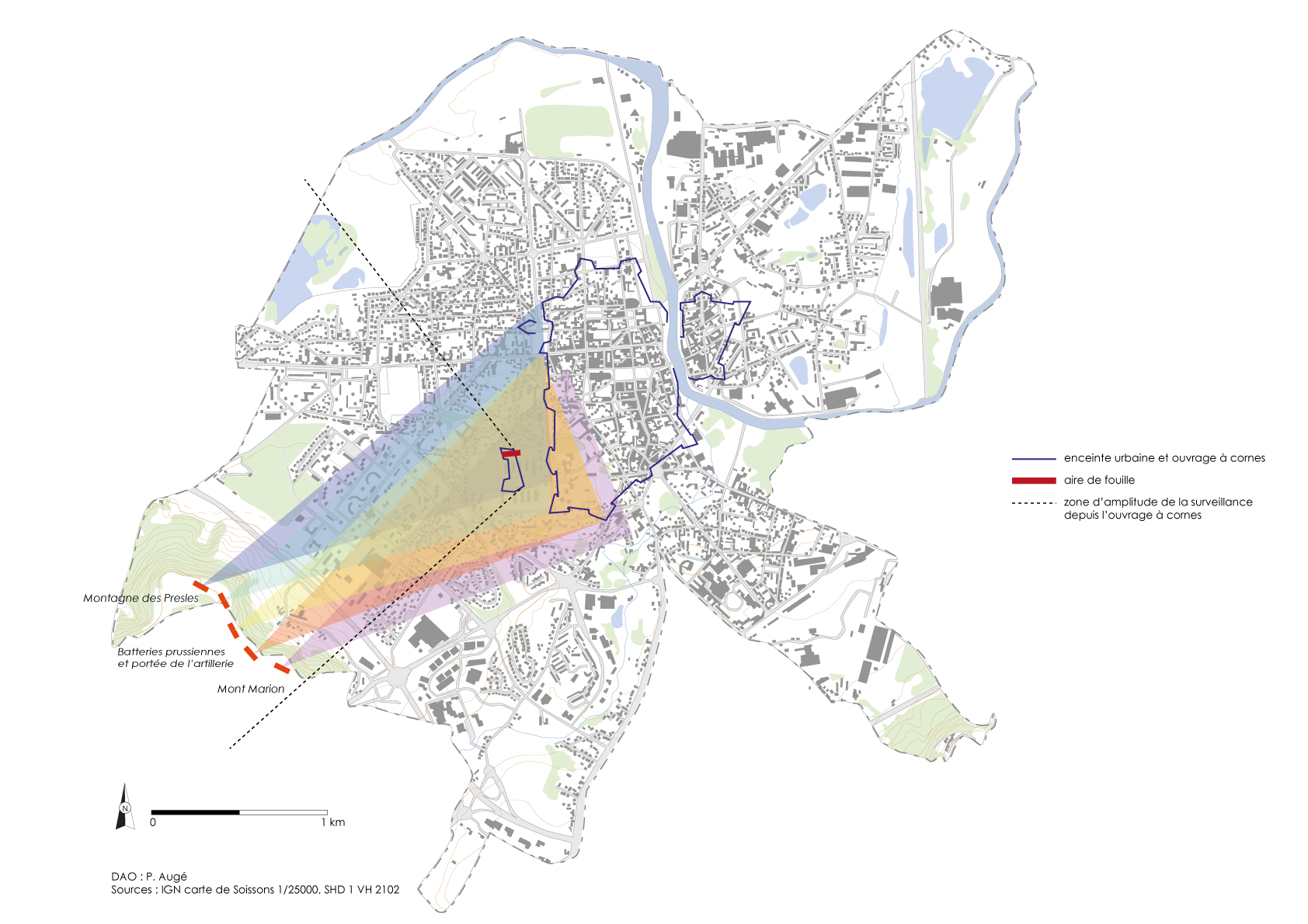 Plan avec l’emprise de l’ouvrage à corne et sa portée de tir