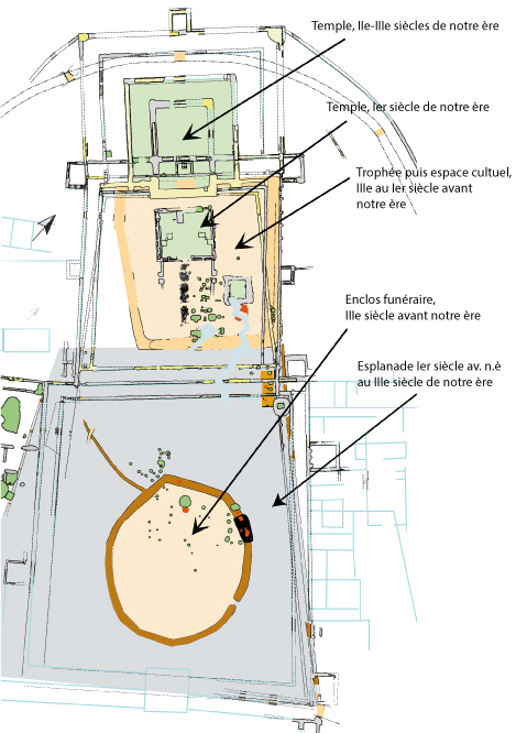 Plan de l’espace cultuel IIIe siècle avant notre ère au IIIe siècle de notre ère (DAO GF-CD 80)