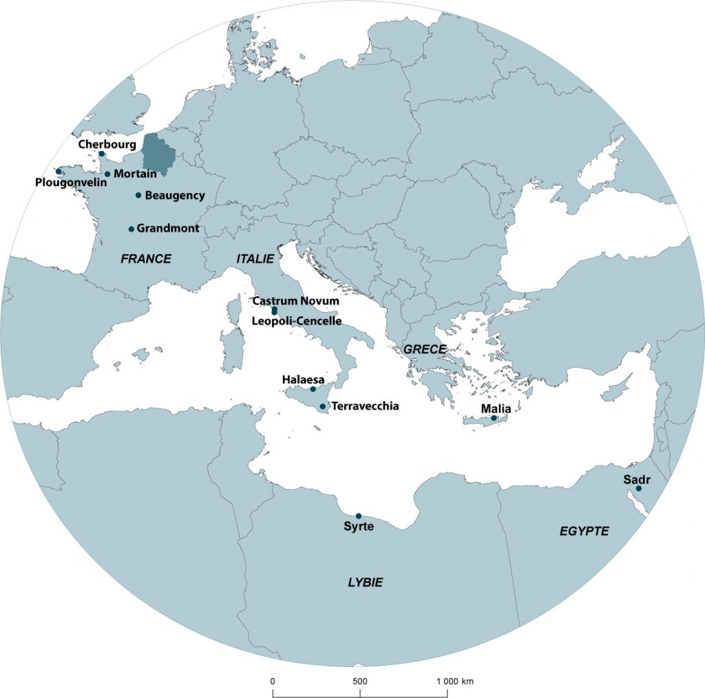 Localisation des sites archéologiques en France et dans le bassin méditerranéen (Émilie Gallet - Pauline Augé, Plateforme Humanités Numériques)