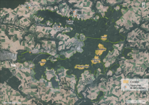 Carte de la forêt de Retz avec localisation des clairières et des toponymes de défrichement