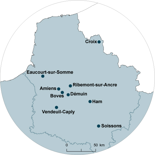 Localisation des sites archéologiques dans les Hauts-de-France
(Émilie Gallet - Pauline Augé, Plateforme Humanités Numériques)